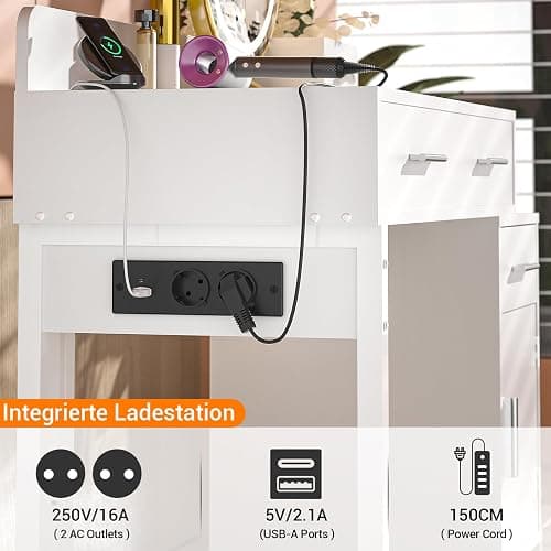 iSunirm Schminktisch Weiß – Kosmetiktisch ohne Spiegel mit Integrierter Ladestation Steckdosen + 2X USB Kleiner Vanity Desk mit 4 Schubladen, Reversibler Schranktür und Großer Ablagefläche thumbnail 5