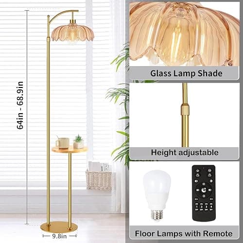 QIYIZM Gold Floor Lamp with Table and Shelves for Living Room Bedroom,Glass Standing Lamp with Remote Dimmable,Boho Brass Tall Lamp Vintage Farmhouse Arc Flower Floor Light Bohemian thumbnail 4