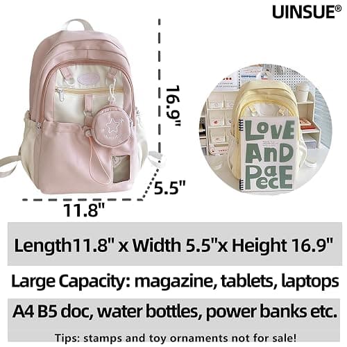 UINSUE Kawaii Backpack Double Shoulder Bag with Cute Star Removable Pouch Small Clear Front Pocket Large Capacity Fits 16" Laptop Dopamine Colors Daypack (Pink) thumbnail 5