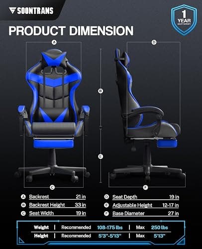 Soontrans Gaming Chair with Footrest,Computer Office Chair, Ergonomic Gamer Chair with Height Adjustment,Headrest and Lumbar Support Gamer Chair(Storm Blue) thumbnail 7