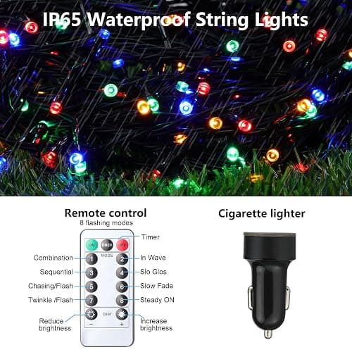 Honoson Christmas Car Multicolor Lights 393ft 1200 LED Cigarette Lighter Remote Control String Lights Waterproof 8 Modes and Auto Timer with Masking Tape for Car Xmas Party Holiday Decor thumbnail 5