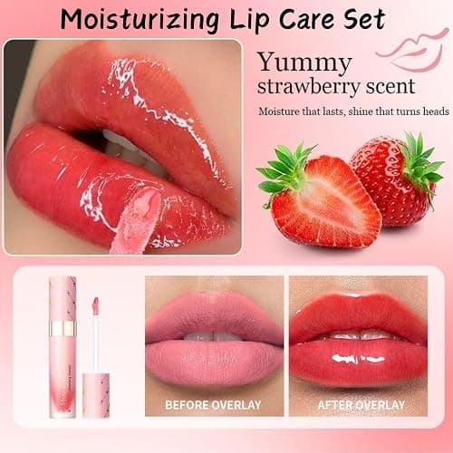 Lip Conditioner & Lip Oil Set,Moisturizing Lip Care Set,Hydrating Lip Balm Set for Dry & Chapped Lips,Day & Night LipGloss Balm Kit,Gifts for Teenager Girl (Strawberry) thumbnail 3