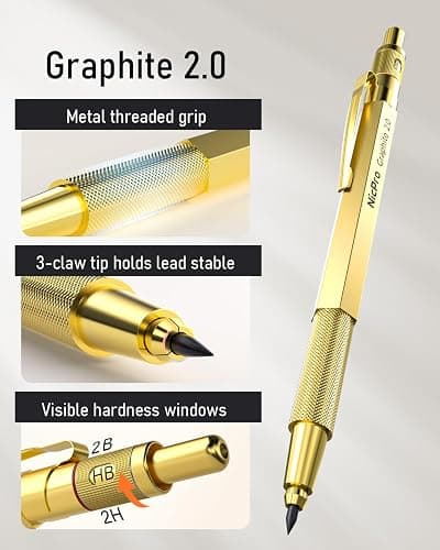 Nicpro 35PCS Gold Art Mechanical Pencils Set, 3 PCS Metal Drafting Pencil 0.5 mm & 0.7 mm & 0.9 mm & 3 PCS 2mm Lead Holder (6B 4B 2B HB 2H 4H Colors) For Sketching Drawing thumbnail 2