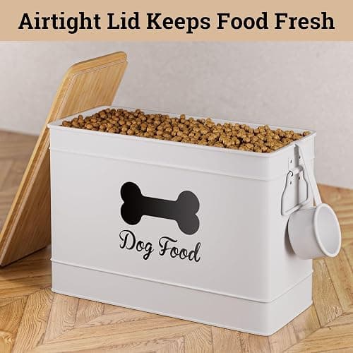 Dog Food Container Airtight 15 lb (50 Cup) Capacity with Metal Scoop - Cute Airtight Dog Food Storage Container with Bamboo Lid - White Metal Kibble Storage Bin for Dogs up to 100 lbs - Big Pet Jar - White thumbnail 5