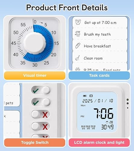 3-in-1 Visual Timer & ADHD Tool for Kids|Adults, Task Timer with Chore Chart Board, Visual Schedule for Kids with Autism, Daily Checklist for Home, School, Classroom, Desk thumbnail 3