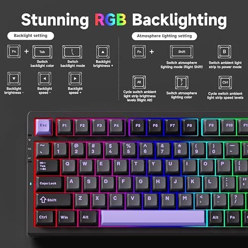MCHOSE G98 PRO Wireless Mechanical Keyboard, Tri-Mode Connection Gaming Keyboard, Hot Swappable Custom Gasket Structure, Pre-lubed Linear Switches, Double Shot PBT Keycaps RGB LED Backlit Purple&Black thumbnail 7