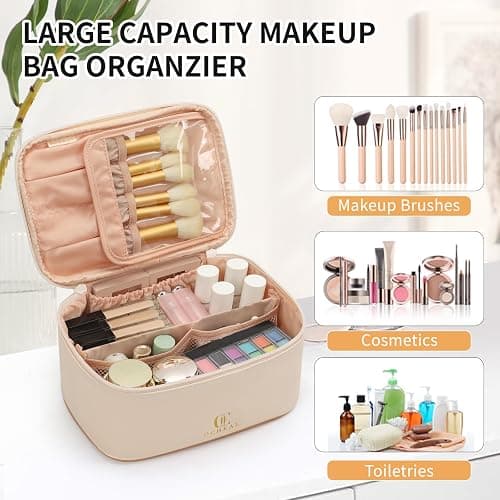OCHEAL Beige Makeup Bag,Travel Makeup Organizer Bag, Large Capacity Cosmetic Bags For Women Large Travel Toiletry Bag Girls Traveling With Brush Slot And Divider-White thumbnail 4