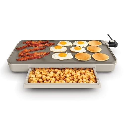 bella 12" x 22" Electric Griddle with Warming Tray, EverGood™ Ceramic Nonstick Coating & Removable Temperature Probe, Dishwasher-Safe Drip Tray & Cool Touch Handles, 1500 Watt, Oatmilk - Image 1