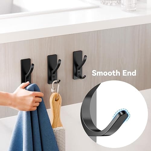 Josmimic Self Adhesive Towel Hooks: Extra Strong 13LB, Stainless Hook for Hanging Loofah, Towels, Coat, Bath Robe Bathroom Shower, Black, 4 Pack - Black - 4 Pack thumbnail 7