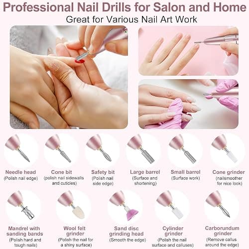Electric Nail Drill, Urbuti 35000RPM Professional Nail Drill Machine, Portable Rechargeable File Machine Set for Acrylic Gel Nails, Manicure Pedicure Tools for Home and Salon Use(Pink) thumbnail 6