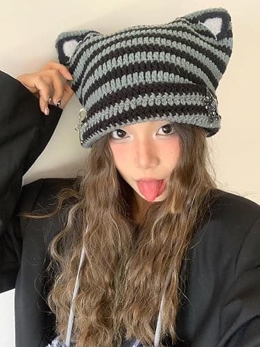 Y2k Beanie Cat Ear Gyaru Acubi Devil Crochet Hats Cute Kawaii Star Grunge Aesthetic Pompoms Cutecore Y2k Harajuku Clothes thumbnail 4