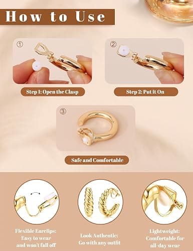 BESTEEL 3Pairs Clip on Earrings for Women Trendy Hypoallergenic 14K Gold Plated Chunky Tube Croissant Waterdrop Clip-on Hoop Earrings Set Fake Jewelry Non Pierced Ears thumbnail 7