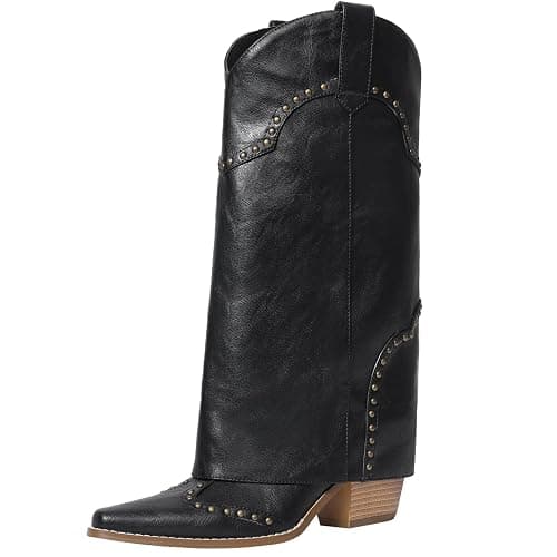 RONILURN Women Shark Boots Fold Over Mid Calf Chunky Heel Snip Toe Cowboy Cowgirl Pull On Studded Boots for Women - Image 1