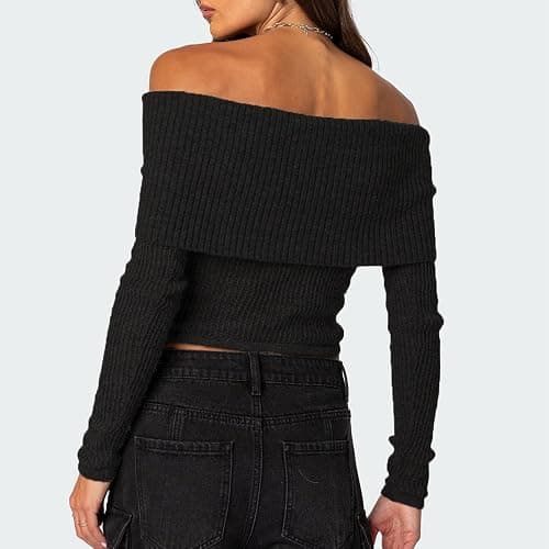 UAURORAO Womens Off The Shoulder Sweater Long Sleeve Knitted Cropped Trendy Pullover Slouchy Fold Over Jumper Tops thumbnail 2
