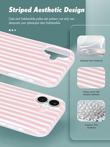 Compatible with iPhone 16 Case, with Aesthetics Striped Design Case for Women Girl, Cute Fashion Simple Soft TPU Slim Protection Phone Case for iPhone 16 6.1'' - Light Pink & White thumbnail 3