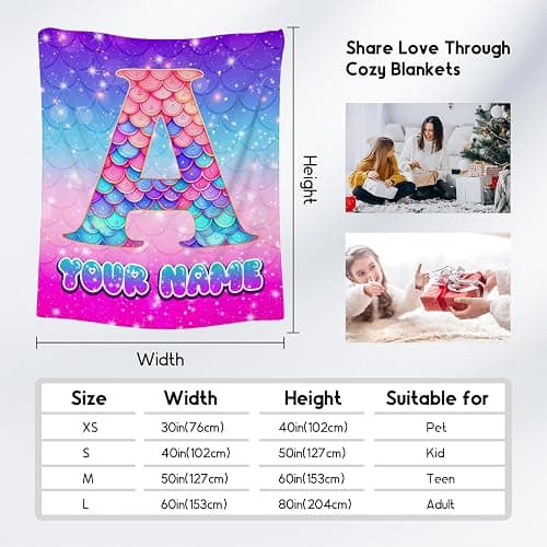 Blankets for Girls - Personalized Mermaid Blanket with Name - Soft Fuzzy Monogram Throw for Kids Adults - 4 Size Options thumbnail 2