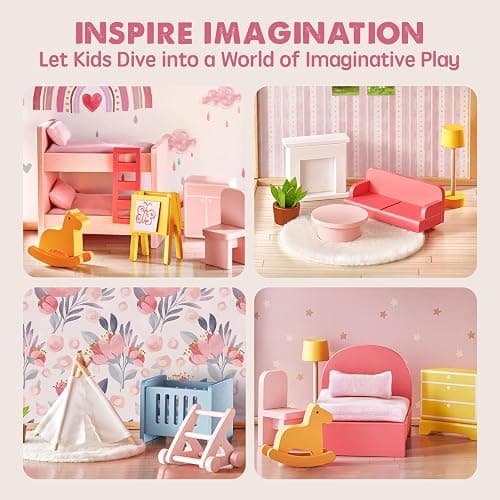 Tiny Land Wooden Dollhouse for Girls - 6 Rooms Wooden Doll House, DIY Pretend Doll House with 31Pcs Furniture Accessories, Creative Gift for Girl Ages 3+ thumbnail 5