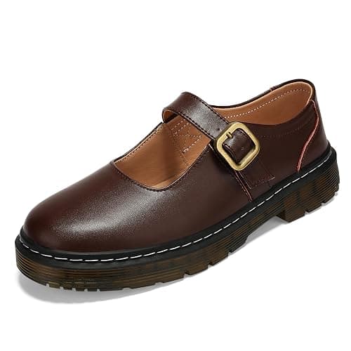 Umilake Women's Mary Jane Flat Shoes Comfort Platform Buckle Ankle Strap Flats Breathable Slip On Lightweight Office Work Shoes - 9 - Coffee thumbnail 2