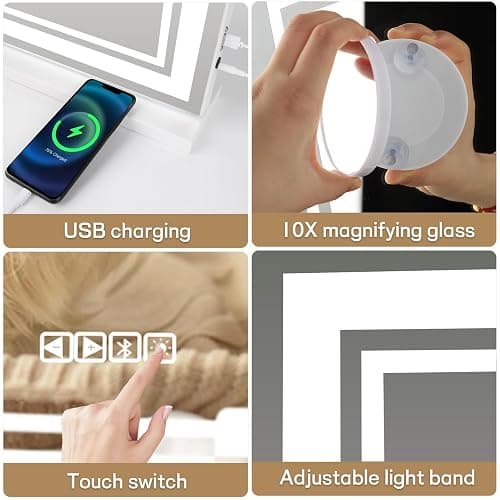 MKupView 27.6"X21.7" Wall-Mounted Mirror Large Vanity Mirror with LED Lights & Play Music Vanity Mirror Touch Screen with 3-Color Lighting Memory Function USB Charging & Magnifying Glass - 21.7"L x 27.6"W thumbnail 8