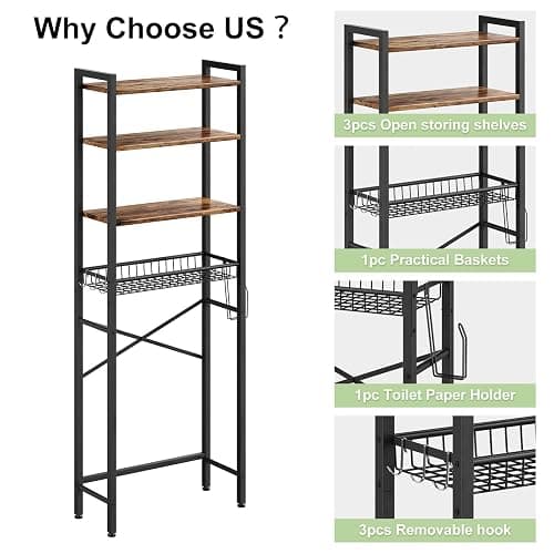 Kalrin Over-The-Toilet Storage Rack, 4-Tier Bathroom Organizer Shelf Over Toilet with Adjustable Shelf and Basket, Freestanding Space Saver Bathroom Shelves Above Toilet for Room (Vintage Brown) thumbnail 7