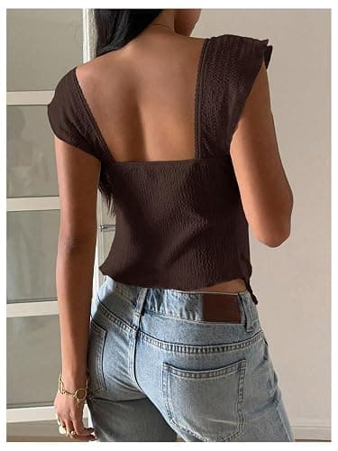 RoseSeek Women's Flowy Going Out Tank Top Sweetheart Neck Cap Sleeve Summer Ruffle Elegant Crop Tops thumbnail 4