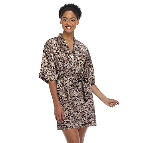 Teemie Women's Satin Robe Short Kimono Bathrobes Bride Bridesmaid Wedding Party Robes Sleepwear with Pockets - Leopard Print - Small