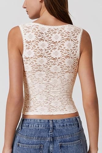 QINSEN Womens Lace Trim Square Neck Sleeveless Tank Tops Double-Layer Slim Fit T Shirt Crop Tops thumbnail 4