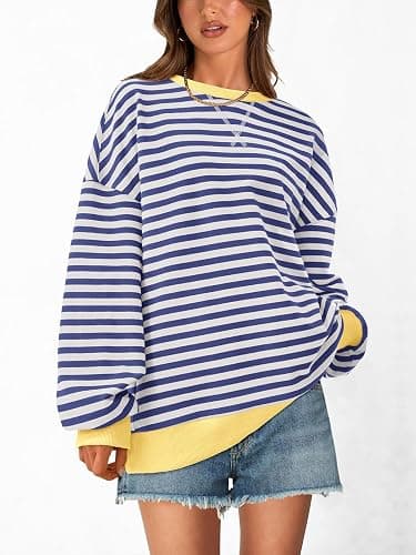 PRETTYGARDEN Womens Striped Oversized Sweatshirt Lightweight Fall Clothes | Stitching Crew Neck Sweatshirts Women, Long Sleeve Casual Loose Pullover Top, Color Block Y2K Outfits, Fashion Clothing thumbnail 3