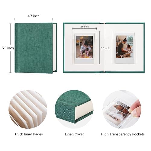 Rseozr Instax Mini Photo Album With Writing Space, Linen Hardcover Polaroid Photo Album 28 Pockets For 2x3 Pictures, Polaroid Album Book For Fujifilm Instax Mini Instant Camera (Green) thumbnail 3
