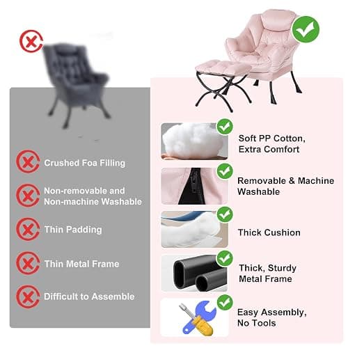 Furlide Lazy Chair with Ottoman, Modern Chair with Folding Footrest, Lounge Accent Chair, Comfortable Reading Chair, Oversized Armchairs for Bedroom, Study, Living Room, Courtyard (Pink) thumbnail 9