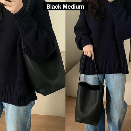 Genuine Leather Bucket Bag with Credit Card Holder Wallet, First Layer Pebble-grained Calfskin Tote Bag thumbnail 3