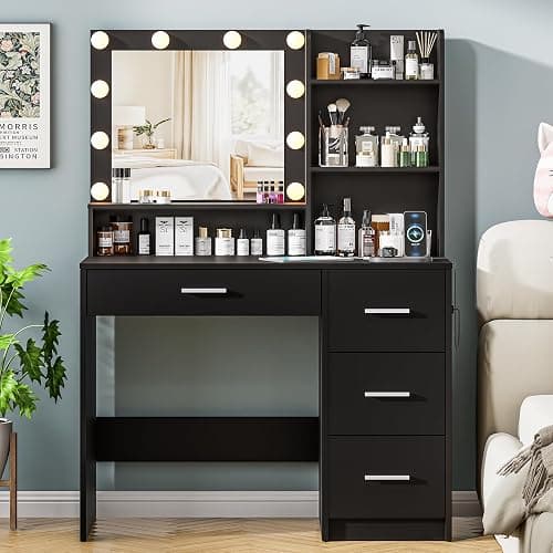 DINGIPP Vanity Desk with Lighted Mirror and Charging Station, Makeup Vanity with 4 Drawers & Storage Shelves,Makeup Desk 3 Color Lights Modes Available, Bedroom Dressing Table for Women, Girls thumbnail 3