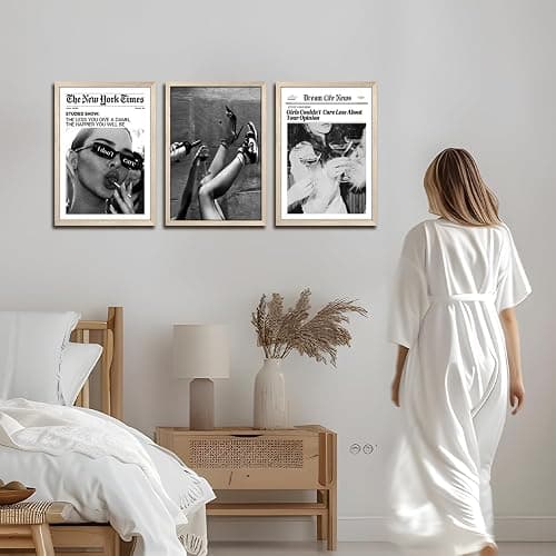 Trendy The New York Times Wall Art 16x24 in Wood Framed Black and White Elegant Urban Feminist Canvas Posters Retro Trendy Cocktail Girly Posters Bar Cart Newspaper Living Room Wall Decor Set of 3 thumbnail 2