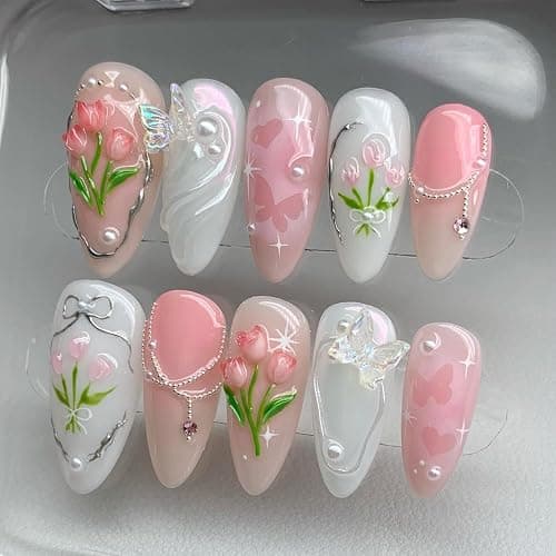 10Pcs Handmade Press on Nails Medium Almond Fake Nails Pink Rose Bow Rhinestones with Heart Charms Glitter Designs Full Cover Gradient Pink Glue on Nails Cute False Nails for Women Girls Acrylic Nails - Image 1