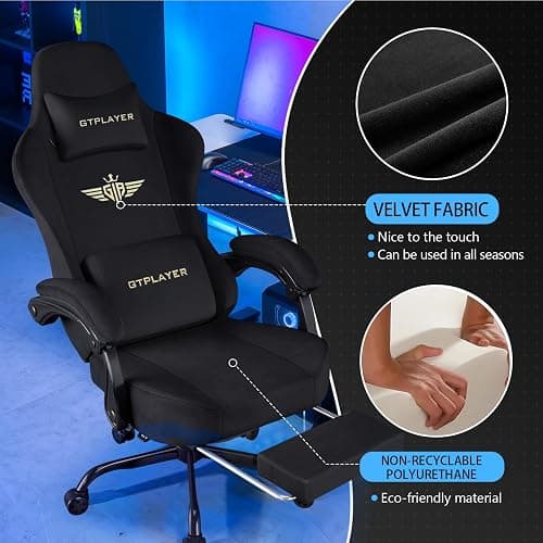 GTPLAYER Gaming Chair Fabric with Pocket Spring Cushion, Big and Tall Gamings Chairs 350LBS High Back Computer Chair with Footrest for Adults Lumbar Support Swivel Game Chair for Office Light Black thumbnail 4