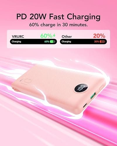 VRURC 22.5W Portable Charger 10000mAh Fast Charging with Built-in AC Plug | powe bank battery pack, travel essentials for women,USB C cable, Ultra Slim,pocket size Pink thumbnail 7