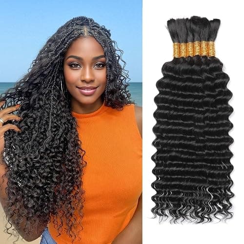 Boho Hair for Braiding 150g 6 Bundles/Pack 20 Inch Human Braiding Hair for Boho Braids Curly Deep Wave Bulk Human Hair Bundles 12A Wet and Wavy Braiding Hair Natural Color - Image 1