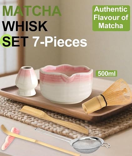 JBER Matcha Set, 7PCS Matcha Whisk Set with Bamboo Whisk and Ceramic Bowl | Matcha Kit Includes Bowl, Handmade Matcha Whisk 100 Prongs, Holder, Spoon, Powder Sifter for Matcha Lovers, Gradient Pink thumbnail 2