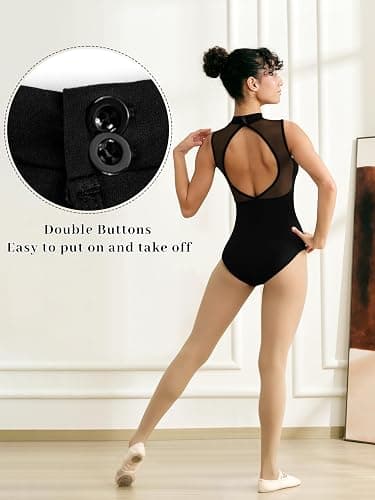 Tegmk Women Mock Neck Ballet Leotards for Dance, Asymmetrical Mesh Splicing, Chest Padding, Big Hollow Back thumbnail 6