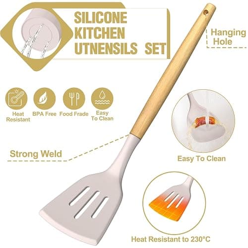Umite Chef Silicone Kitchen Utensil Set, 34PCS Heat Resistant Kitchen Gadgets and Tools With Grater, Wood Handles for Nonstick Cookware thumbnail 7