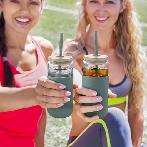 20oz Glass Water Tumbler with Silicone Protective Sleeve - Beer Shaped Glass Cups with Straw and Bamboo Lid, Iced Coffee Glasses, Cute Drinking Glasses for Water, Smoothie, Gift - Cambridge Blue thumbnail 7