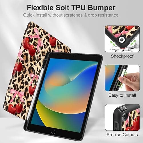 May ChenCase for iPad 10.2 Inch 2021 2020 2019 iPad 9th/8th/7th Generation with Pencil Holder, Slim Stand Protective Case with Soft TPU Back, Auto Sleep/Wake Cover, Cherry & Cheetah thumbnail 7