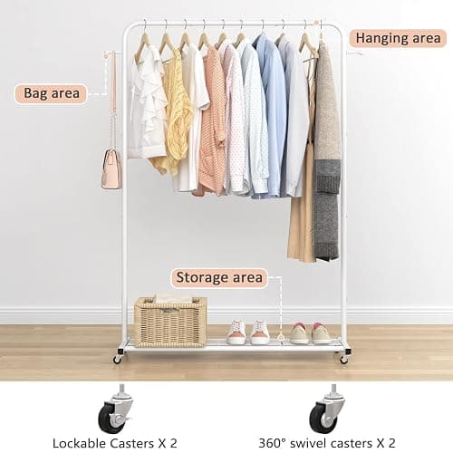 Sywhitta Clothing Rack on Wheels with Mesh Storage Shelf & Sturdy Metal Frame, Rolling Garment Rack for Hanging Clothes, Coats, Skirts, 39.76" L x 16" W x 64.56" H,White thumbnail 7