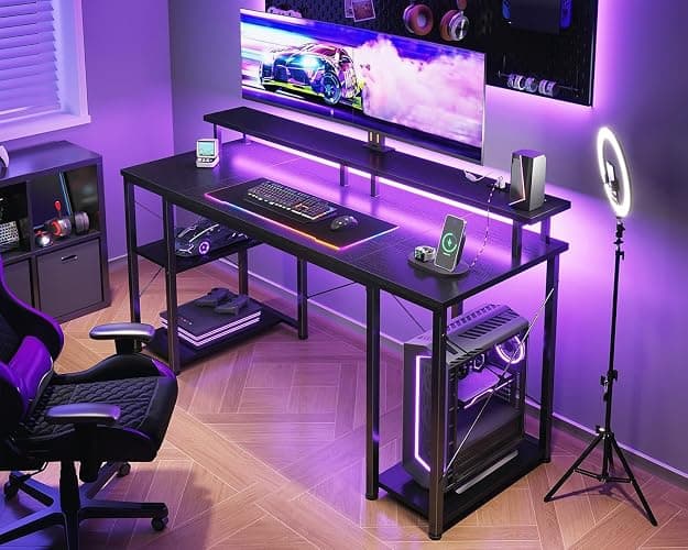 ODK 48 inch Gaming Desk with LED Lights & Power Outlets, Computer Desk with Monitor Stand & Storage Shelves, CPU Stand, Home Office Desk, Black thumbnail 9