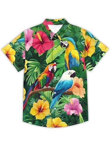 REVENEVER Boys Hawaiian Shirt Button Down Shirt Short Sleeve Cartoon Print Hawaiian Beach Shirt for Kids - Image 1
