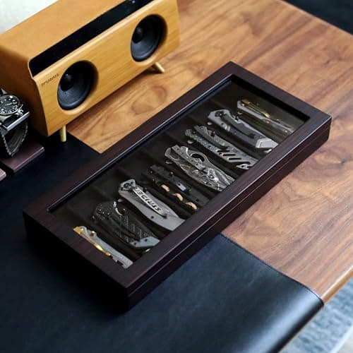 Besforu Knife Display Case Organizer storage 8 pocket knives, Folding Knife Holder with Real Glass Window Top， Pocket knife collection box for men gift (Ebony Veneer 8 slot) thumbnail 3