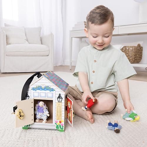 Melissa & Doug Take-Along Wooden Doorbell Dollhouse - Doorbell Sounds, Keys, 4 Poseable Wooden Dolls Portable Doll House, Doorbell House for Kids Ages 3+ thumbnail 2