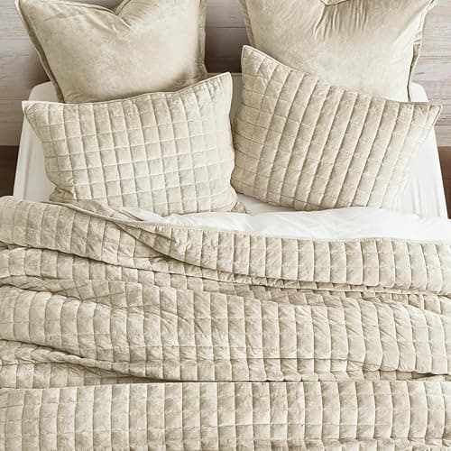 RECYCO Luxury Velvet Quilt Set, California King 118'' x 106'' Oversized Bedspread, Ultra Soft Velvet Comforter, Lightweight Box Stitch Bedding Sets for All Season, with 2 Shams, Beige thumbnail 3