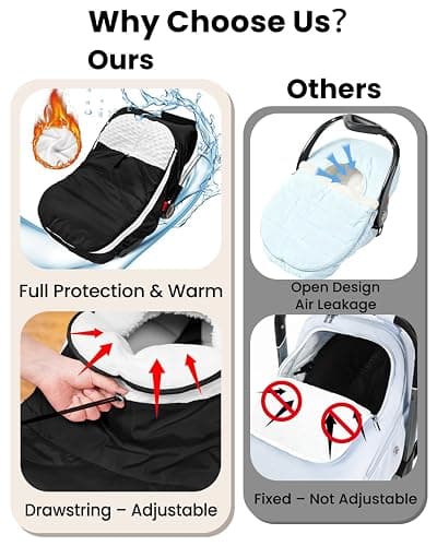 TinyPalsa Winter Baby Carseat Cover, Warm Cozy Infant Car Seat Covers with Plush Lining for Cold Weather, Waterproof Carseat Canopy with Adjustable Collar, Universal Fit for Boys & Girls (Black) thumbnail 4