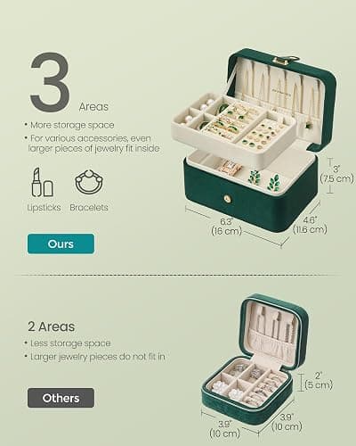 SONGMICS GISELLA Collection - Travel Jewelry Organizer, 2-Layer Jewelry Case Holder with Shiny Metal Hardware, Portable, Premium Velvet, for Earrings Necklaces, Retro Green UJBC166C04 thumbnail 4
